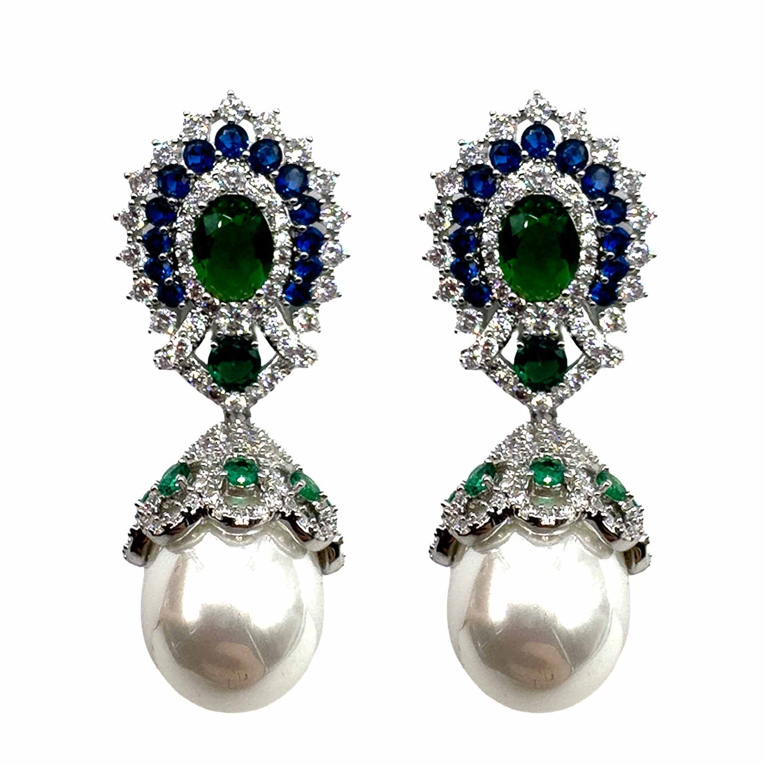 Palestro Milano Orecchini Blu/Verde Smeraldo Pavone con perla pendente - New Version