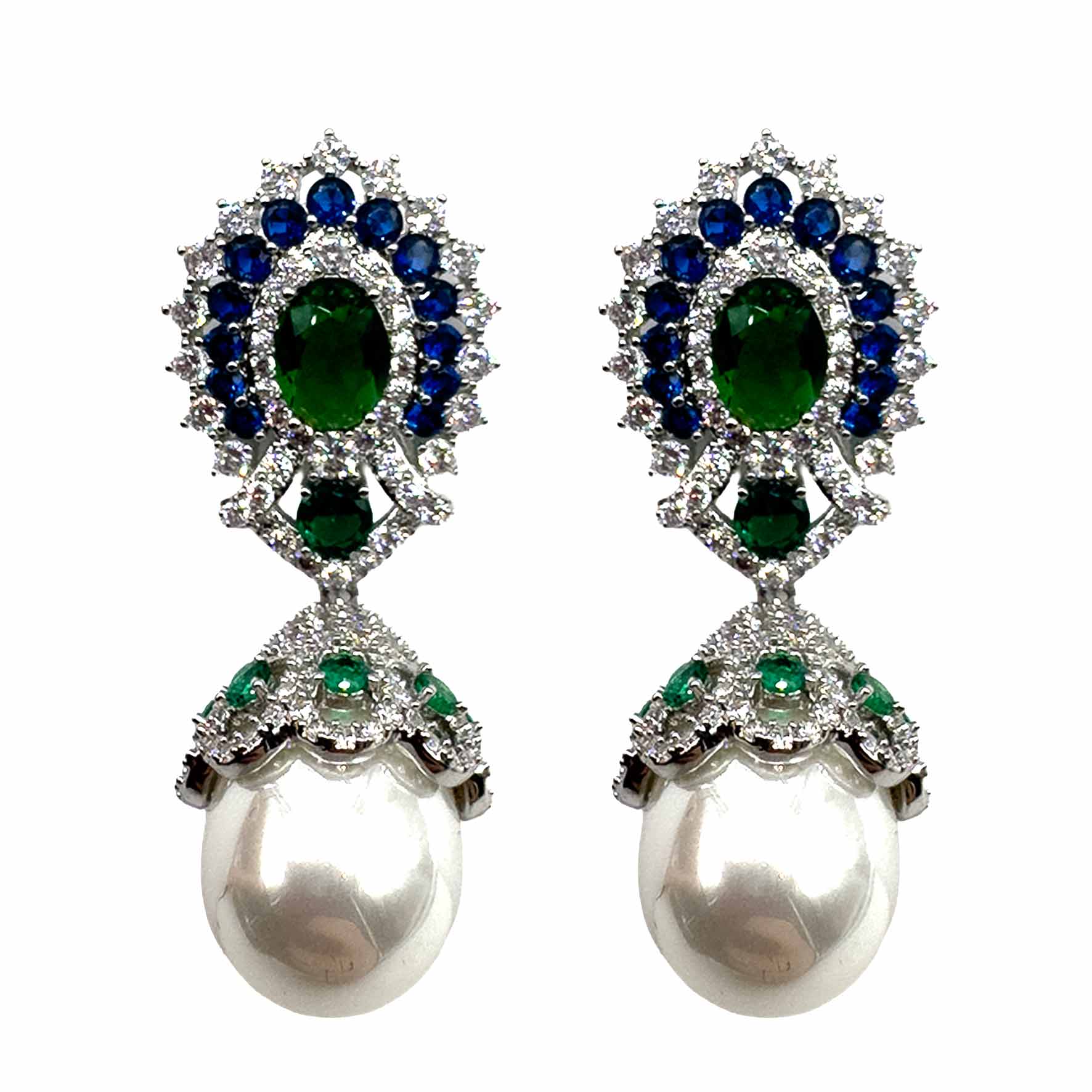 Palestro Milano Orecchini Blu/Verde Smeraldo Pavone con perla pendente - New Version
