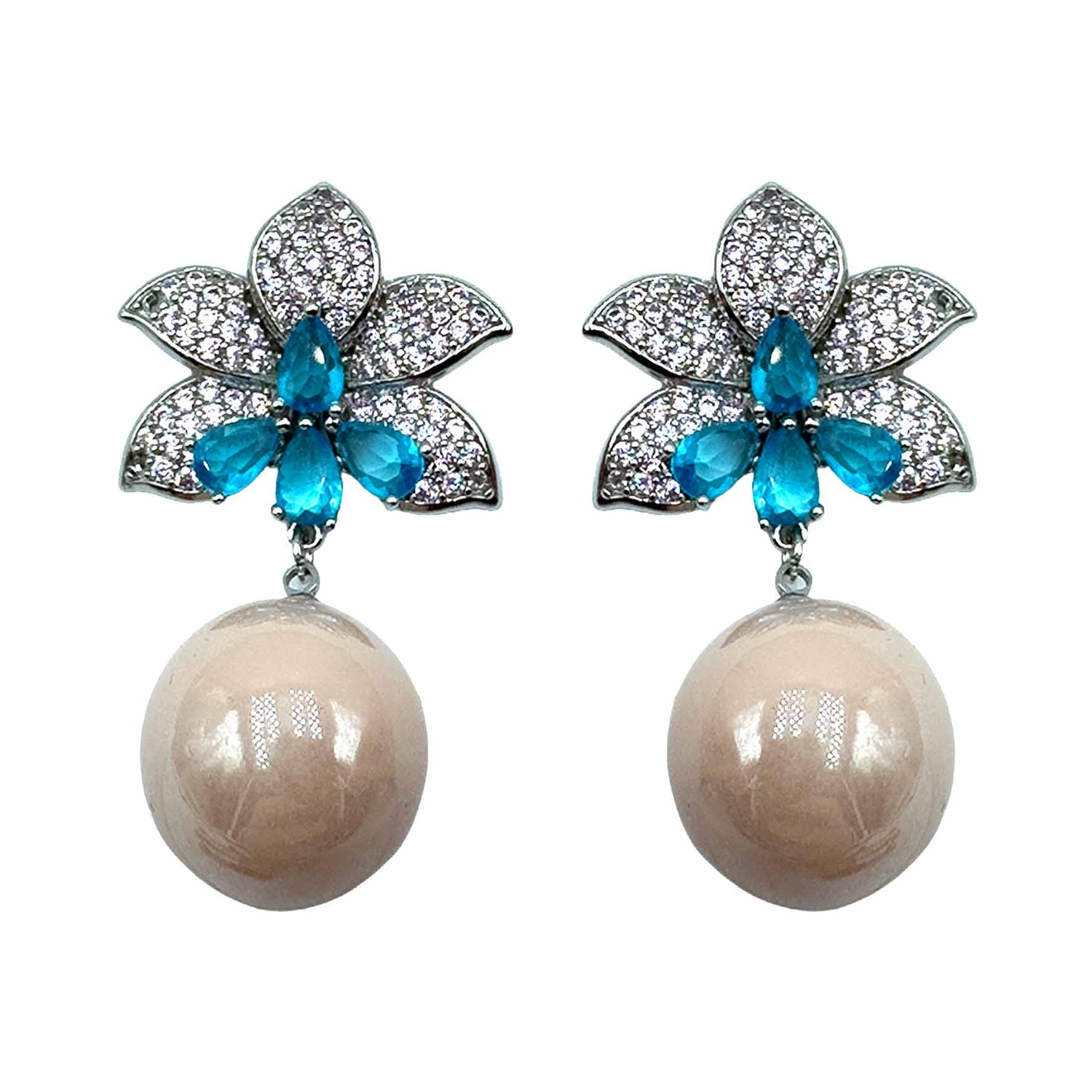 Palestro Milano Orecchini Pink Azzurro Perla Pink Fiore di Pietre &amp; Pavè con Perla