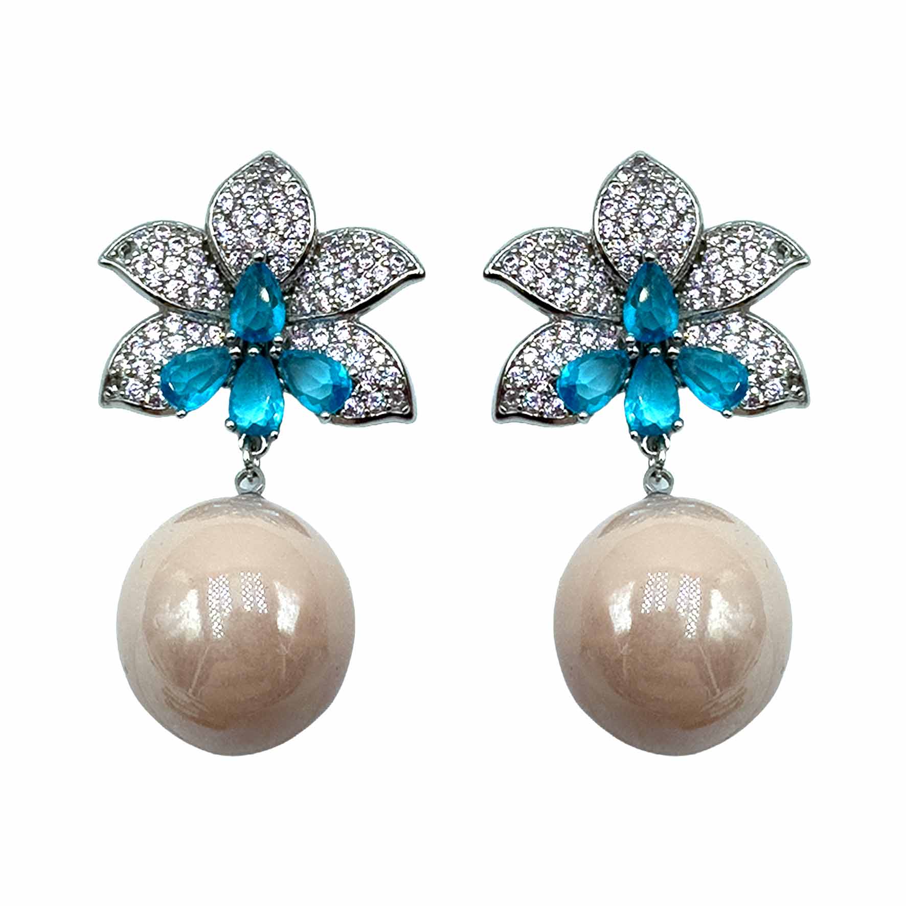 Palestro Milano Orecchini Pink Azzurro Perla Pink Fiore di Pietre &amp; Pavè con Perla