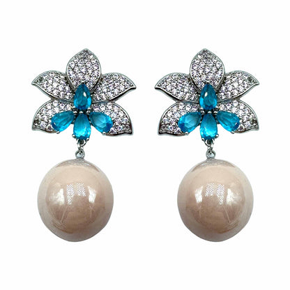 Palestro Milano Orecchini Pink Azzurro Perla Pink Fiore di Pietre &amp; Pavè con Perla