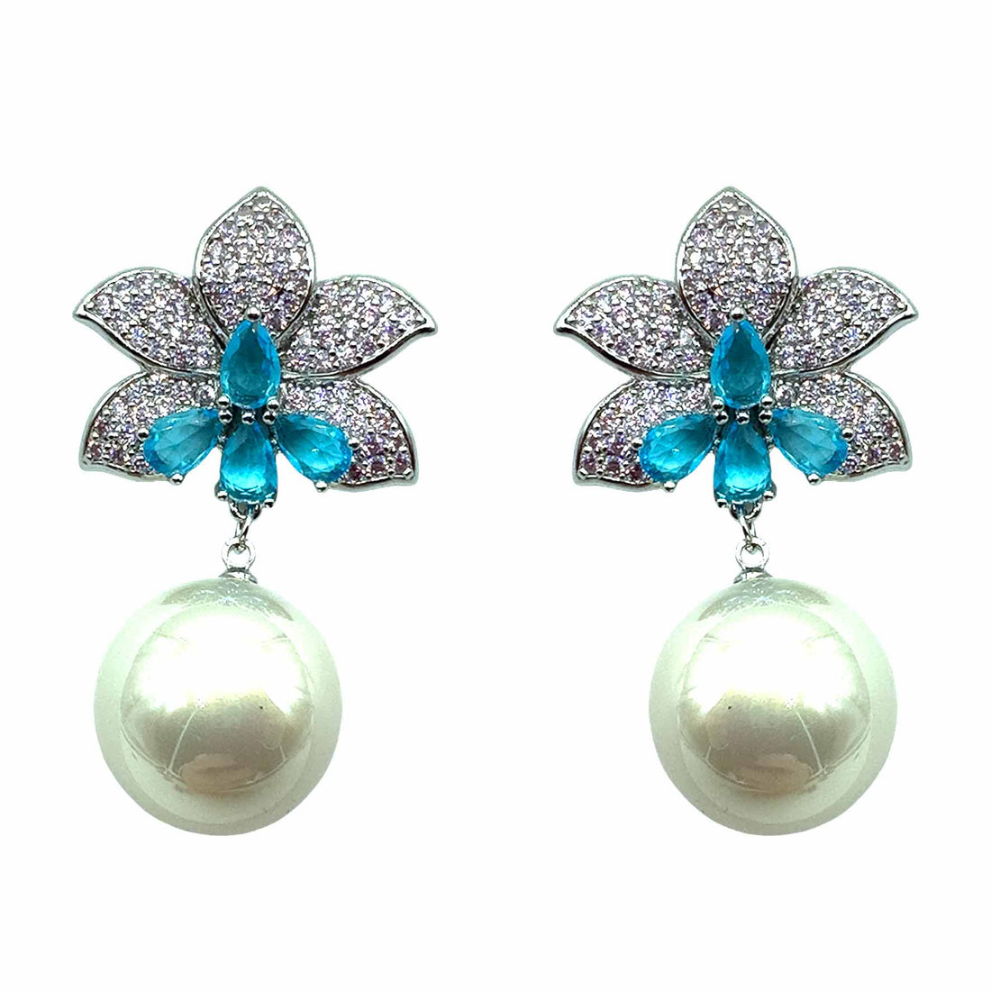 Palestro Milano Orecchini Pink Azzurro Perla Bianca Fiore di Pietre &amp; Pavè con Perla