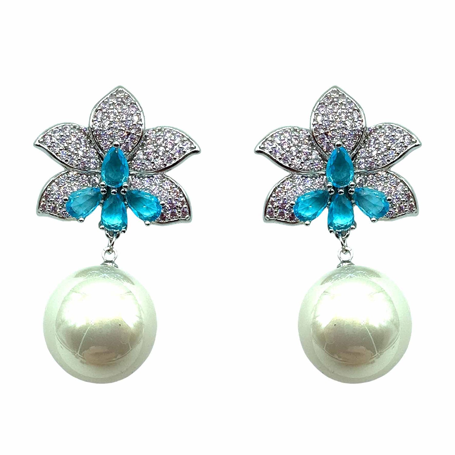 Palestro Milano Orecchini Pink Azzurro Perla Bianca Fiore di Pietre &amp; Pavè con Perla