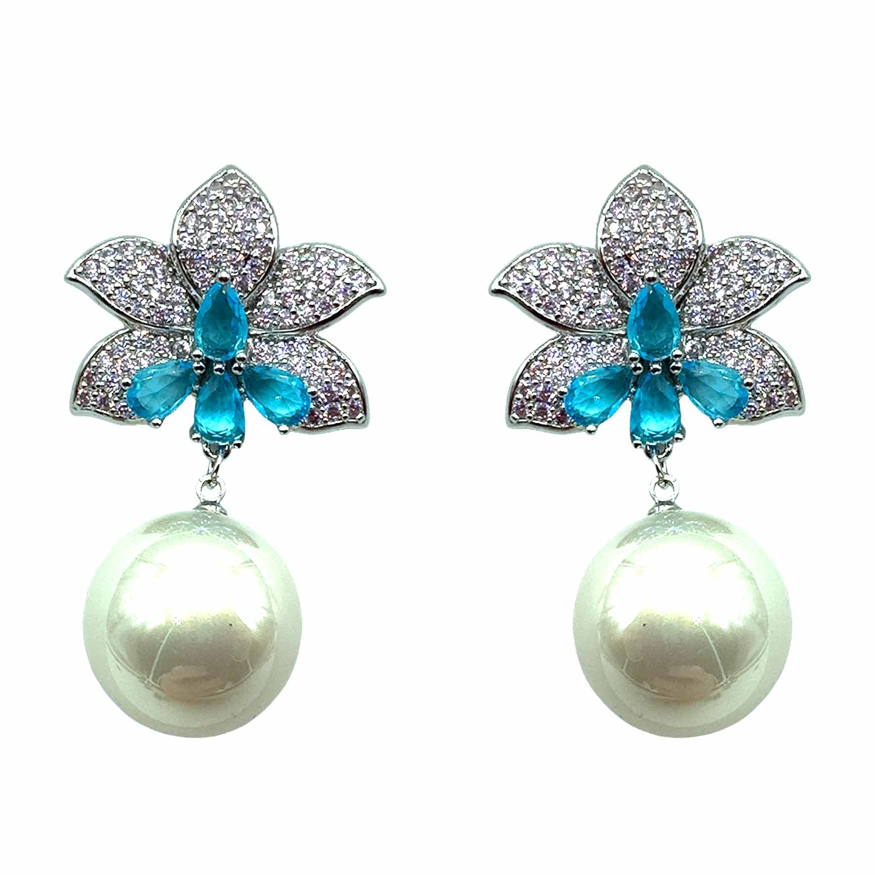 Palestro Milano Orecchini Pink Azzurro Perla Bianca Fiore di Pietre &amp; Pavè con Perla