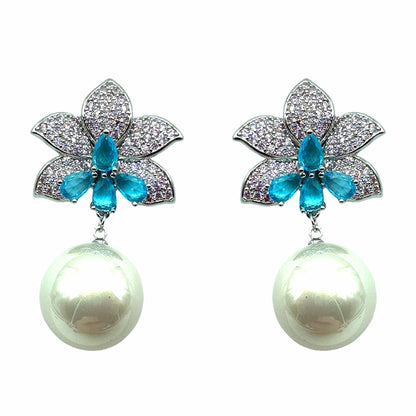 Palestro Milano Orecchini Pink Azzurro Perla Bianca Fiore di Pietre &amp; Pavè con Perla