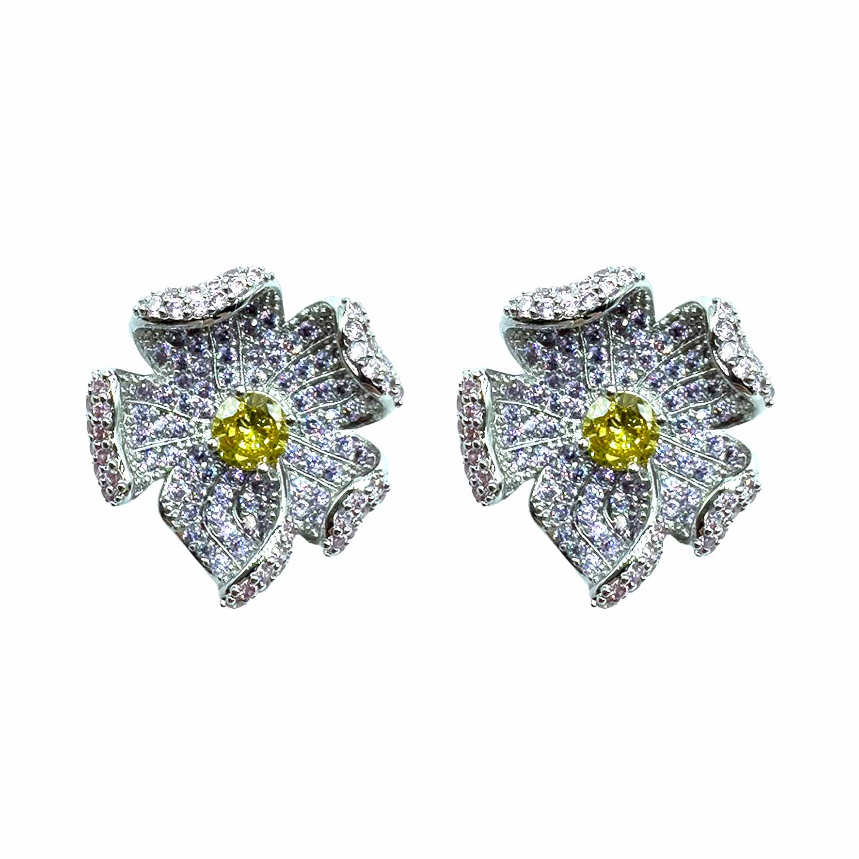Palestro Milano Orecchini Silver - Pink Lillac Giallo Fiore Arricciato di Pavè