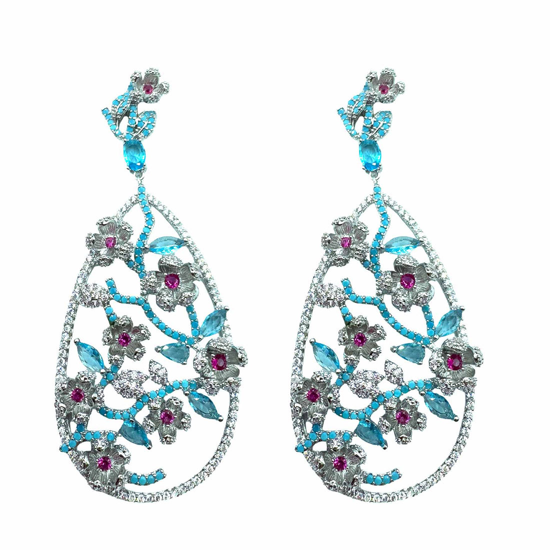 Palestro Milano Orecchini Silver - Fucsia Turquoise Giardino di Fiori di Pavè