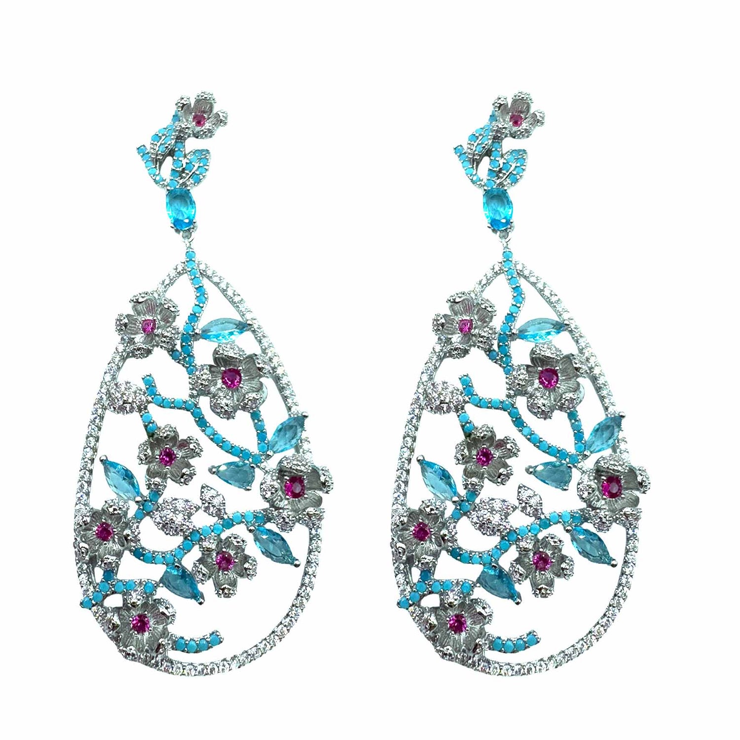 Palestro Milano Orecchini Silver - Fucsia Turquoise Giardino di Fiori di Pavè