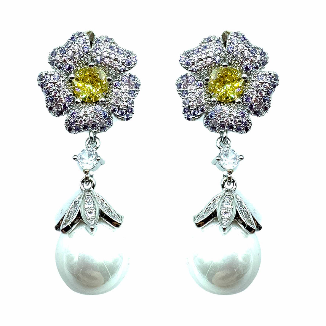 Palestro Milano Orecchini Silver - Giallo Pink Mini Fiore Pendente con Perla