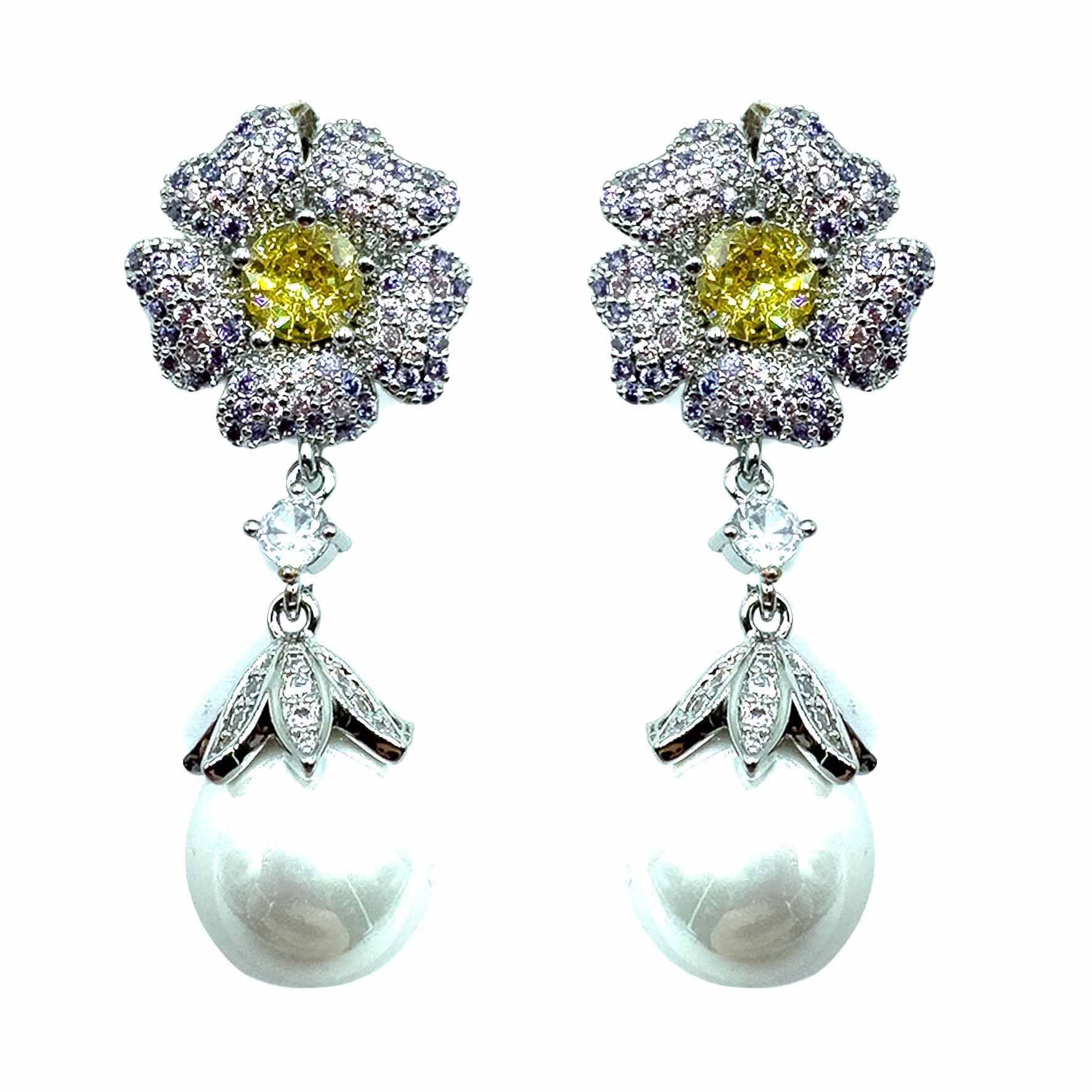 Palestro Milano Orecchini Silver - Giallo Pink Mini Fiore Pendente con Perla