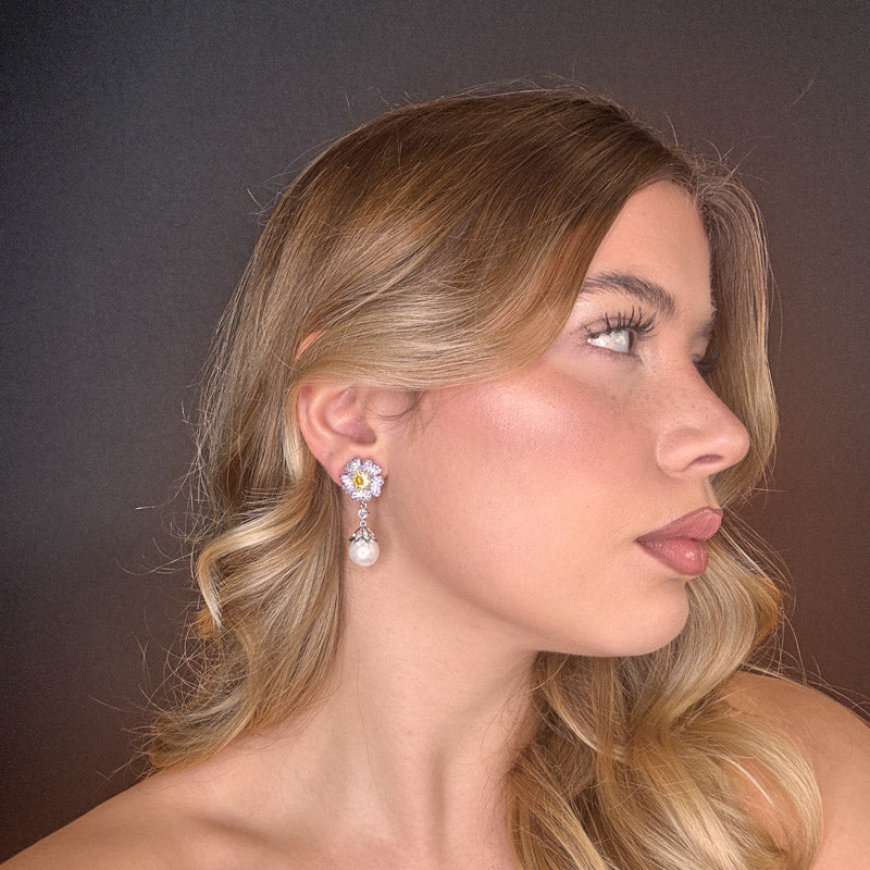 Palestro Milano Orecchini Mini Fiore Pendente con Perla