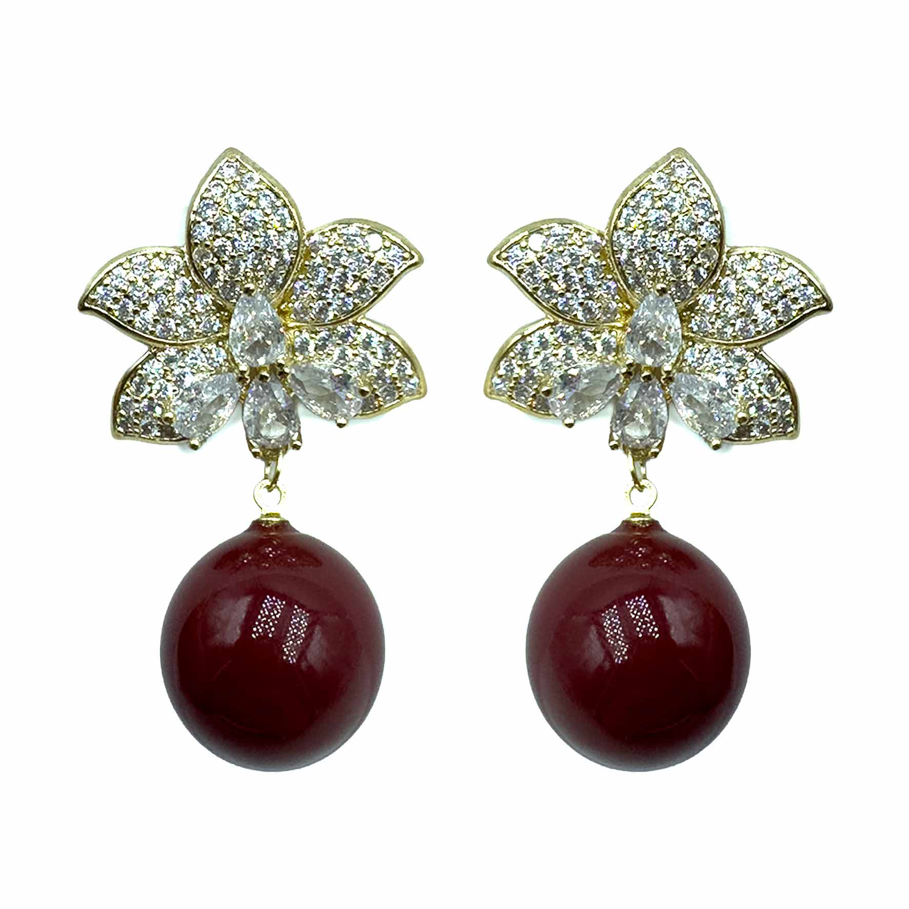 Palestro Milano Orecchini Gold Rosso Fiore di pietre&amp;pavè con perla