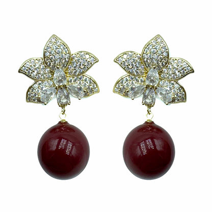 Palestro Milano Orecchini Gold Rosso Fiore di pietre&amp;pavè con perla