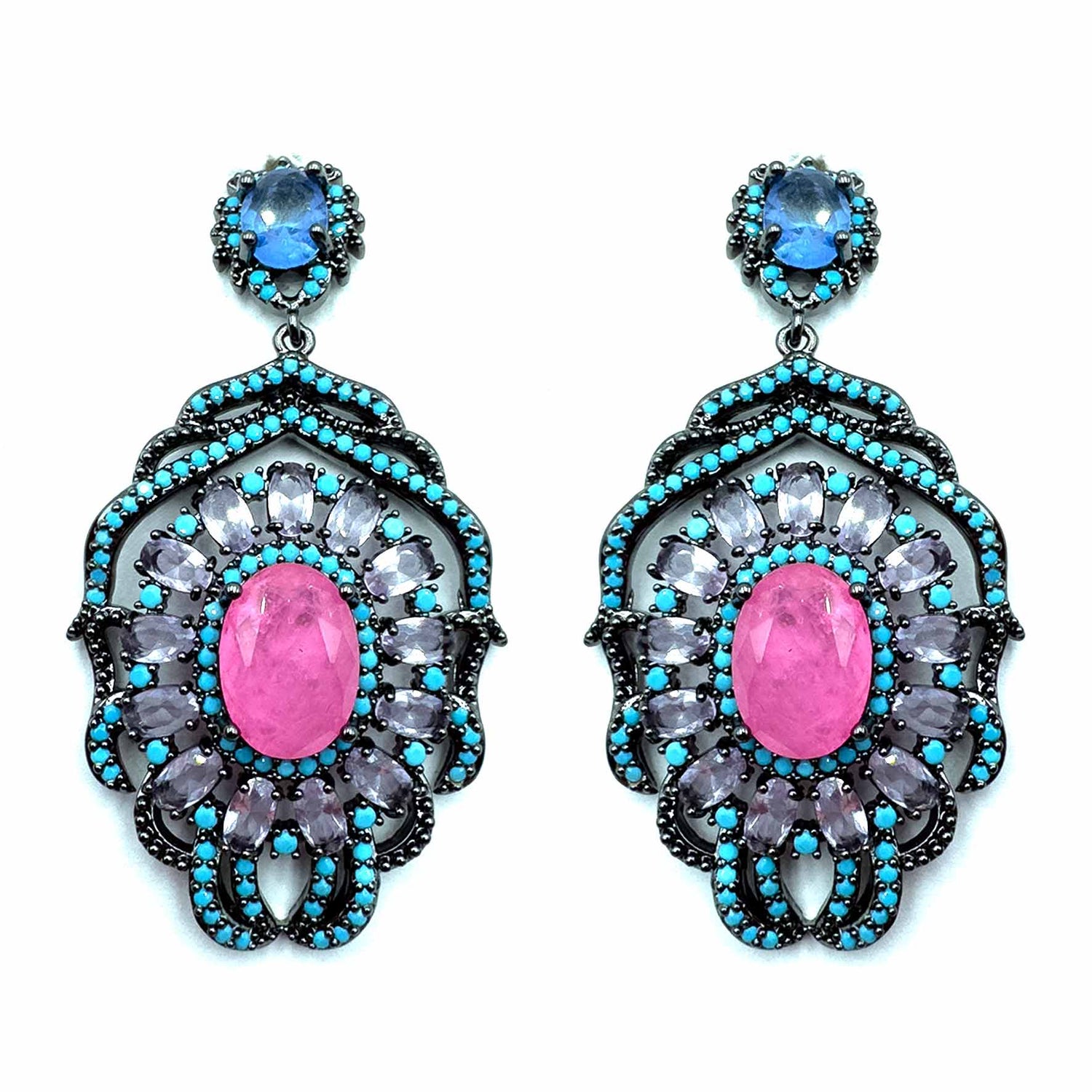 Palestro Milano Orecchini Azzurro - Pink (Base Dark) Fiore colorato con pietra big