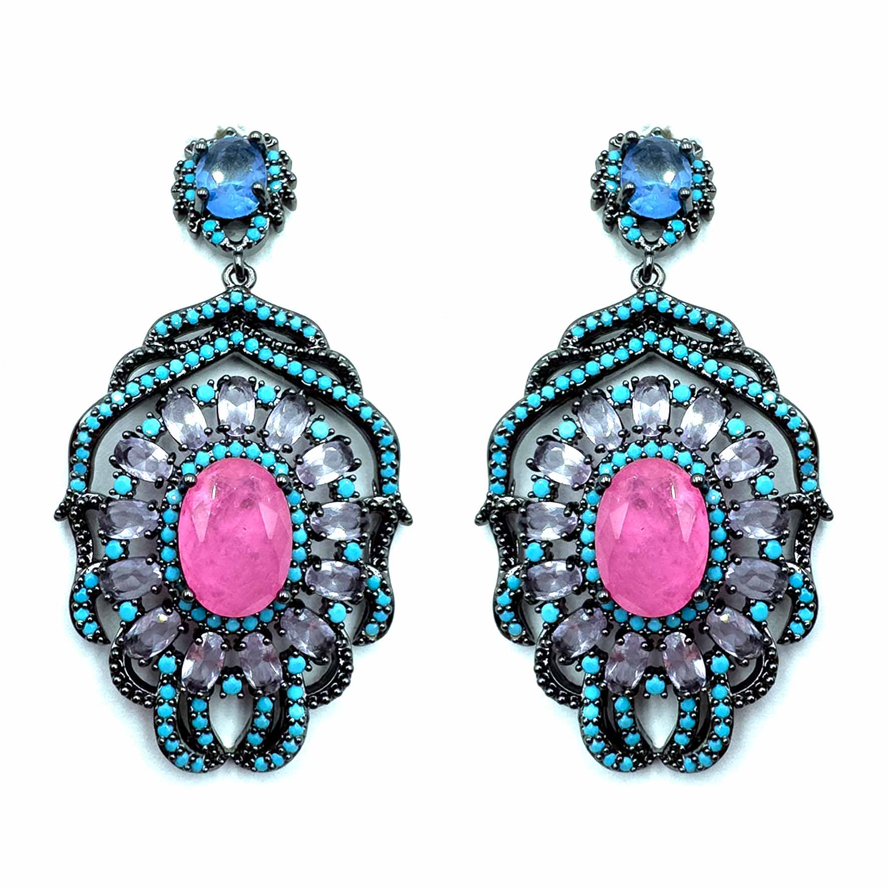Palestro Milano Orecchini Azzurro - Pink (Base Dark) Fiore colorato con pietra big