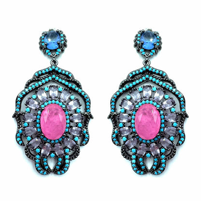 Palestro Milano Orecchini Azzurro - Pink (Base Dark) Fiore colorato con pietra big