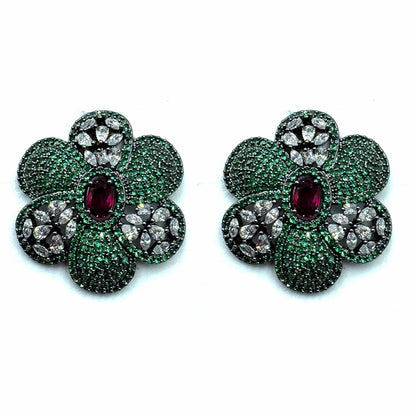 Palestro Milano Orecchini Base Dark - Verde Smeraldo Rubino Camelia di Pavè