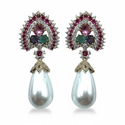 Palestro Milano Orecchini Base Gold - Fucsia Lillac Verde Pavone con perla pendente