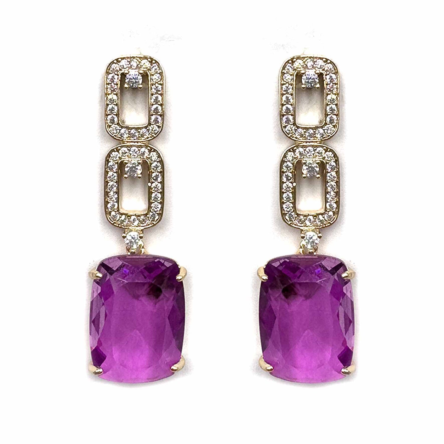 Palestro Milano Orecchini Base Gold - Pietra Fucsia Catena di pavè con smeraldo
