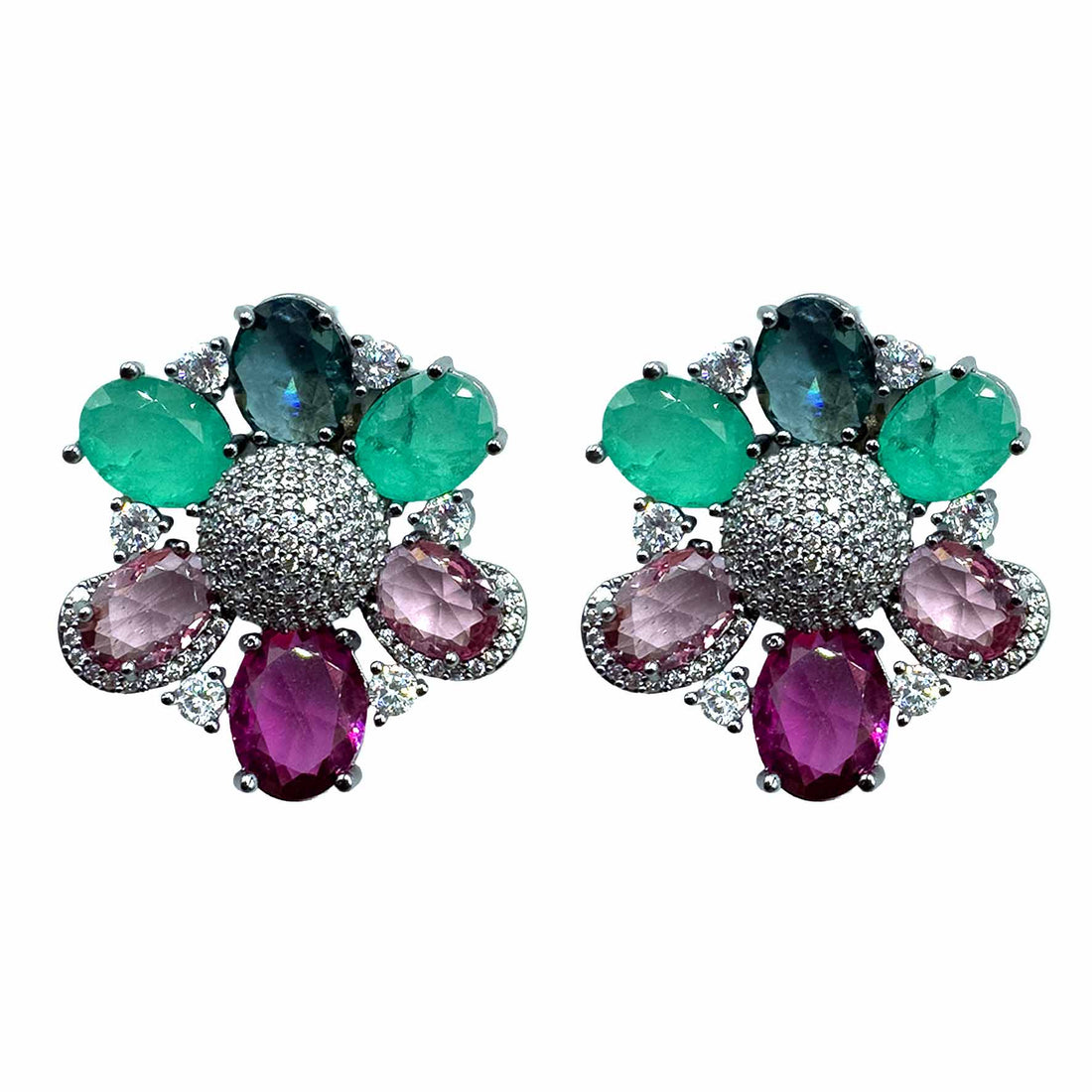 Palestro Milano Orecchini Base Silver - Fucsia Verde Acqua Fiore colorato di Pavè