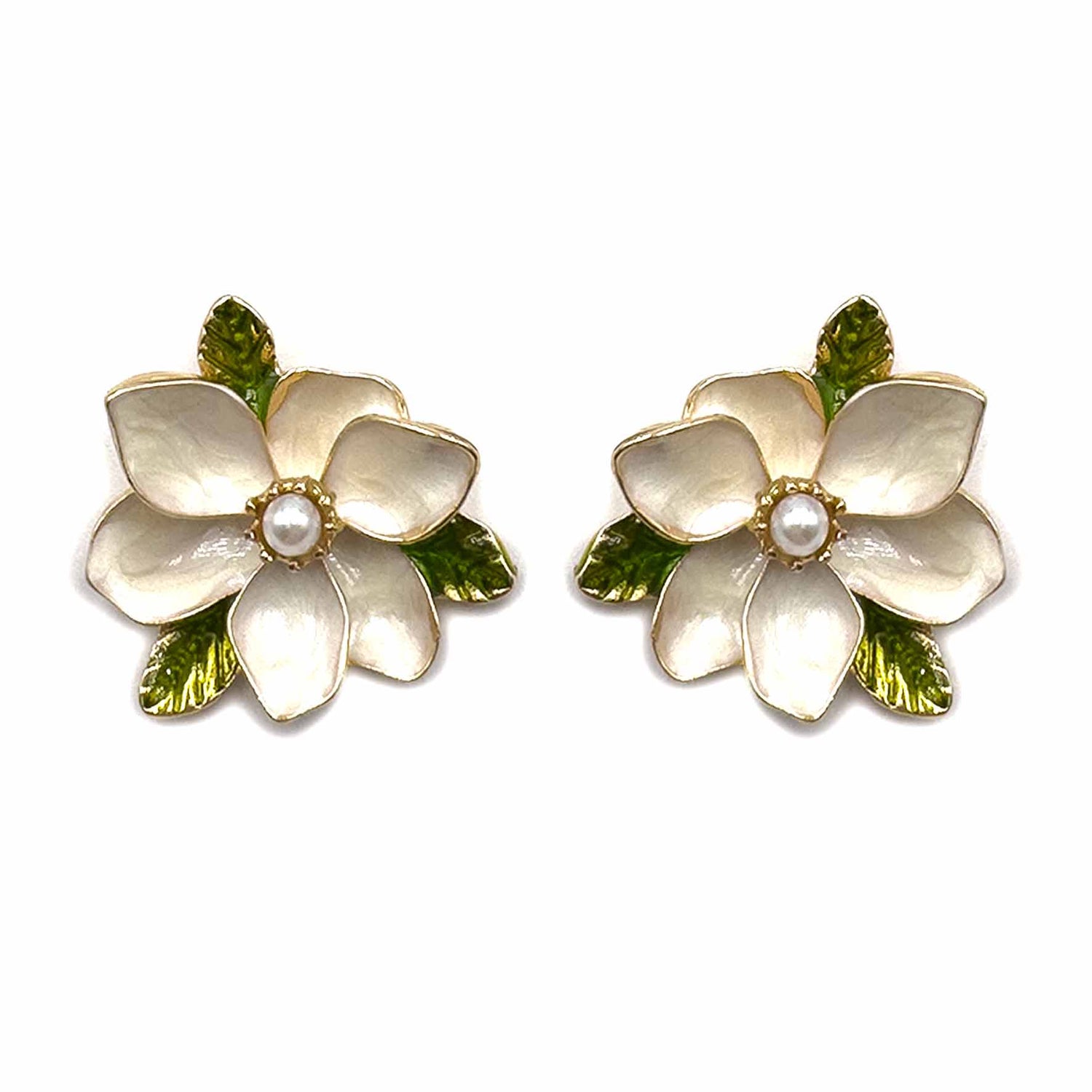 Palestro Milano Orecchini Bianco Fiore con perlina e fogliolina