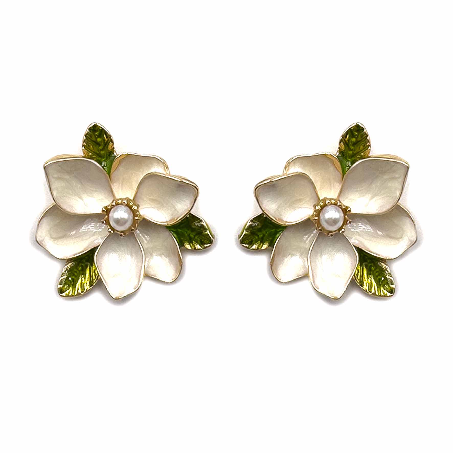 Palestro Milano Orecchini Bianco Fiore con perlina e fogliolina