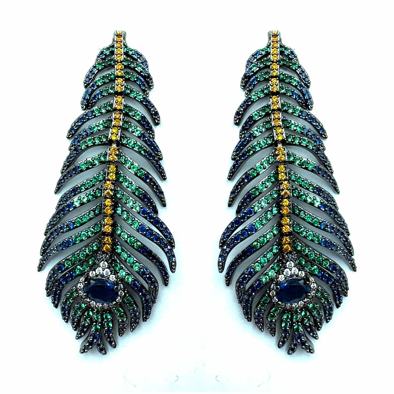 Palestro Milano Orecchini Blu/Verde/Arancio Piume di pavone pavè