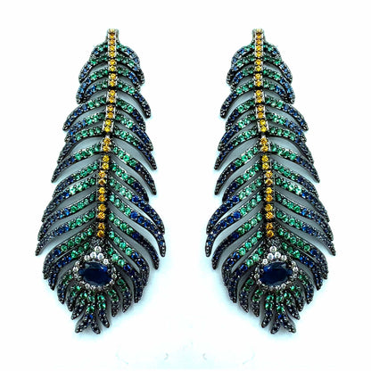 Palestro Milano Orecchini Blu/Verde/Arancio Piume di pavone pavè