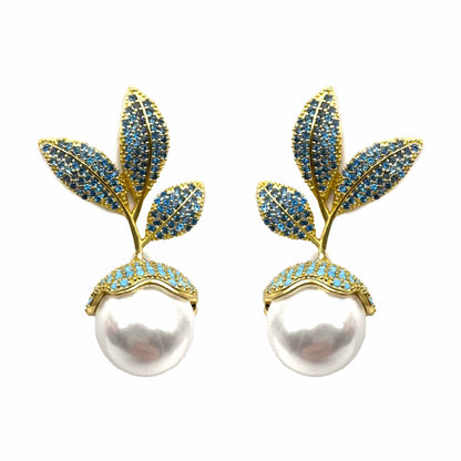 Palestro Milano Orecchini Celeste Foglie di pavè con perla