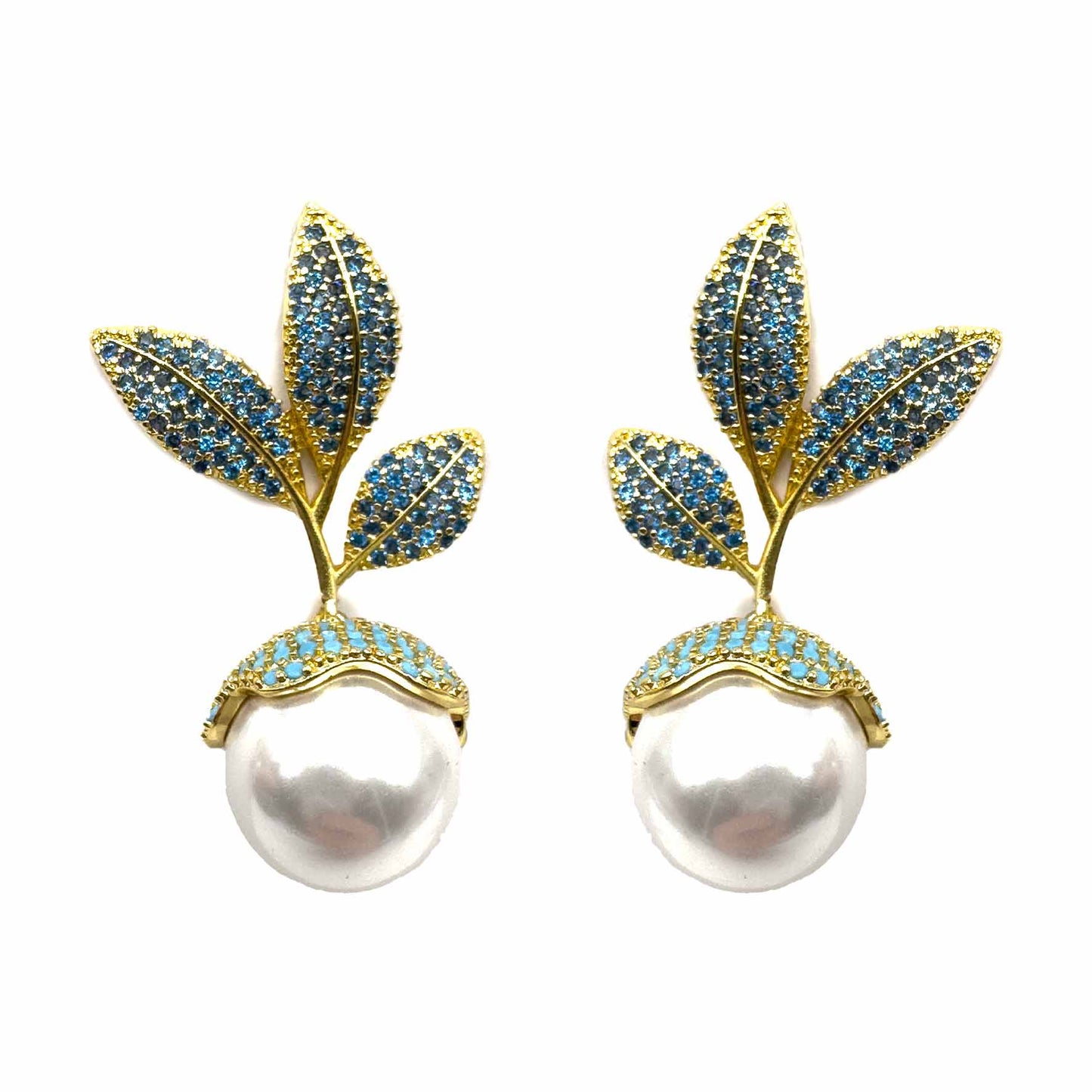 Palestro Milano Orecchini Celeste Foglie di pavè con perla