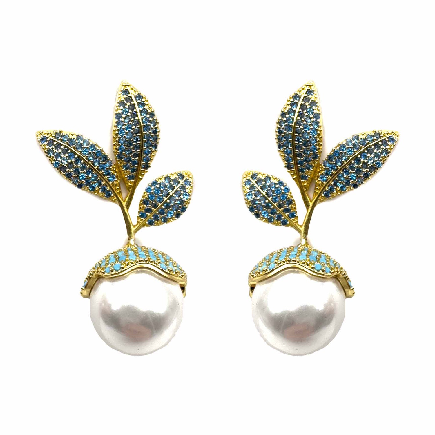 Palestro Milano Orecchini Celeste Foglie di pavè con perla