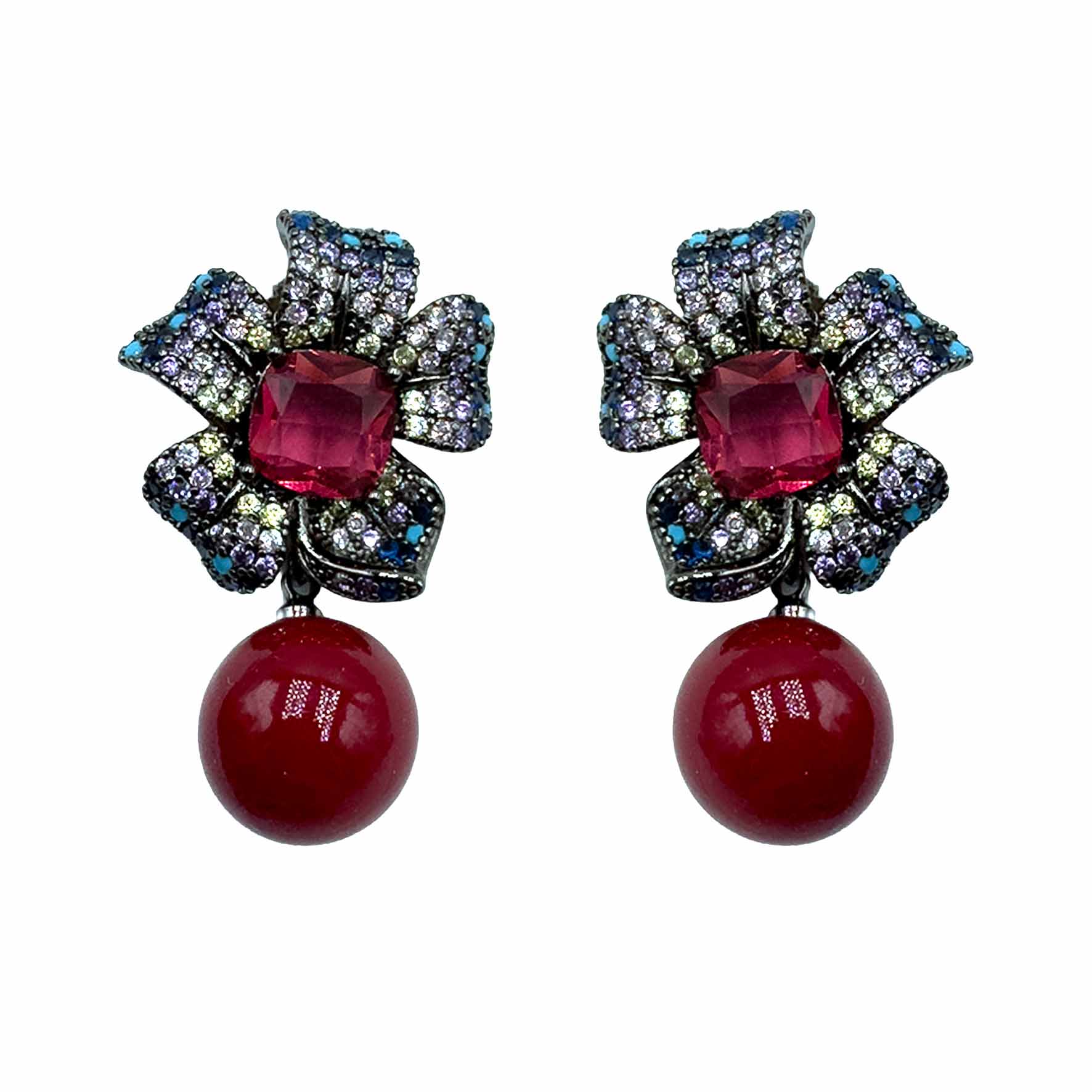 Palestro Milano Orecchini Dark - Violet/rosso Fiore pistillo di pavè con perla