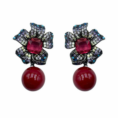 Palestro Milano Orecchini Dark - Violet/rosso Fiore pistillo di pavè con perla