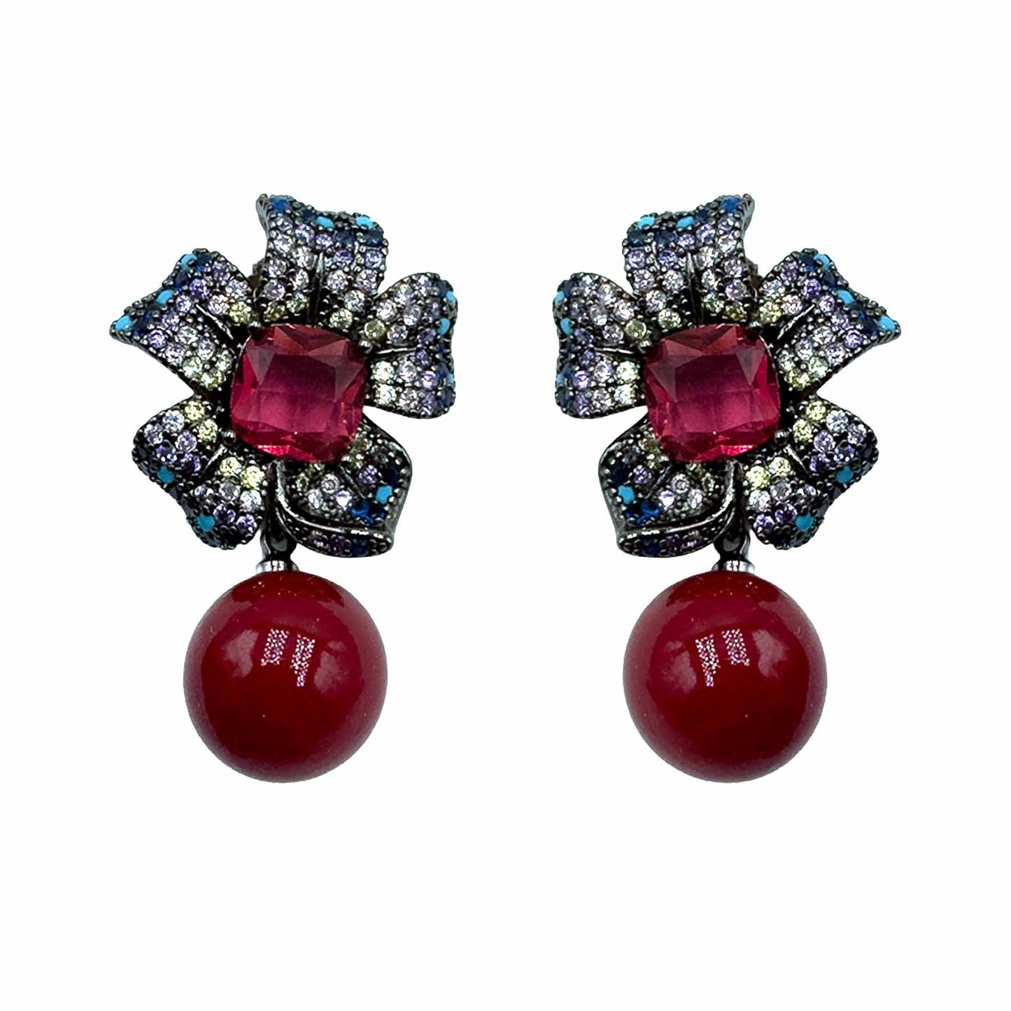 Palestro Milano Orecchini Dark - Violet/rosso Fiore pistillo di pavè con perla