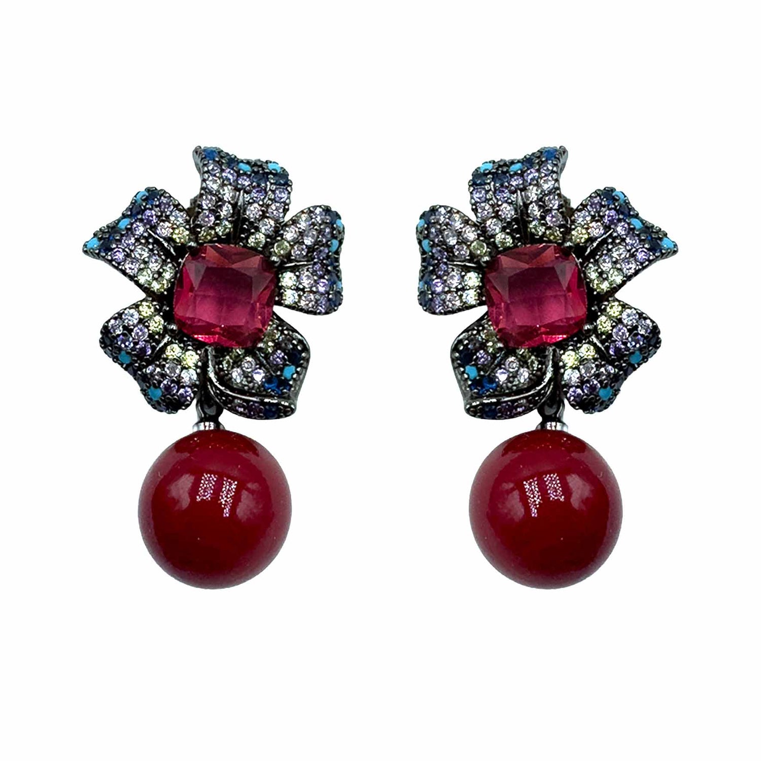 Palestro Milano Orecchini Dark - Violet/rosso Fiore pistillo di pavè con perla