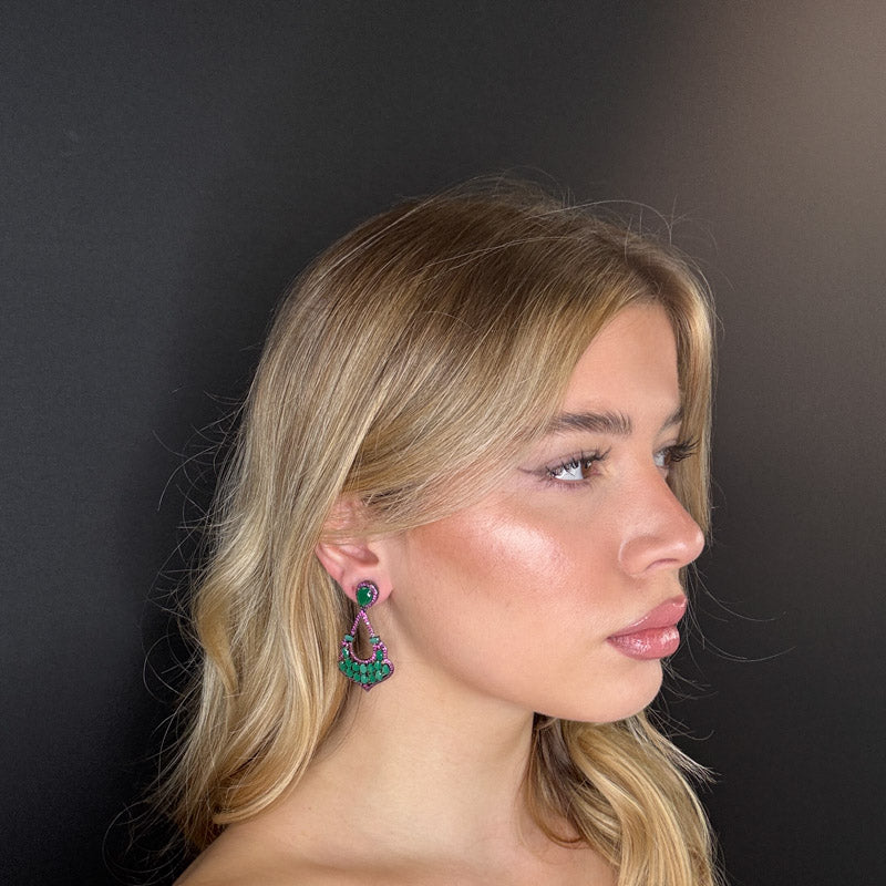 Palestro Milano Orecchini Diadema con goccia smeraldo/fucsia