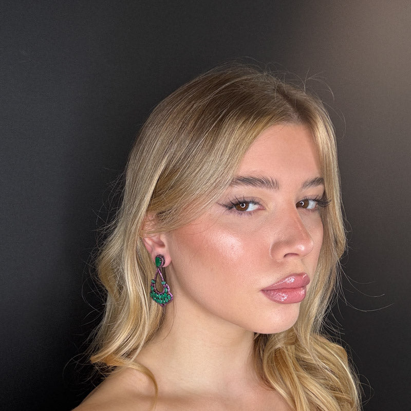 Palestro Milano Orecchini Diadema con goccia smeraldo/fucsia