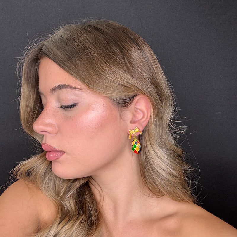 Palestro Milano Orecchini Fiocco dorato con gocce multicolor