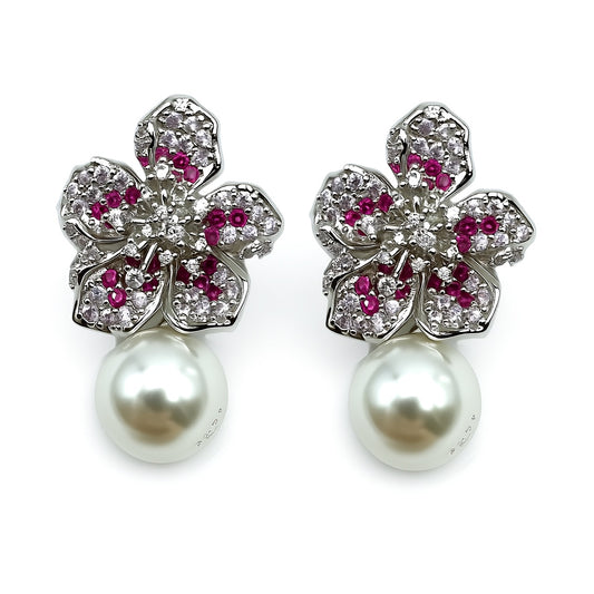 Palestro Milano Orecchini Fiore rosa di Zirconi con Perla