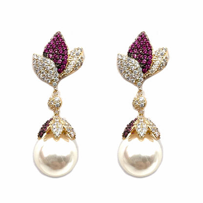 Palestro Milano Orecchini Foglioline fucsia di pavè con perla