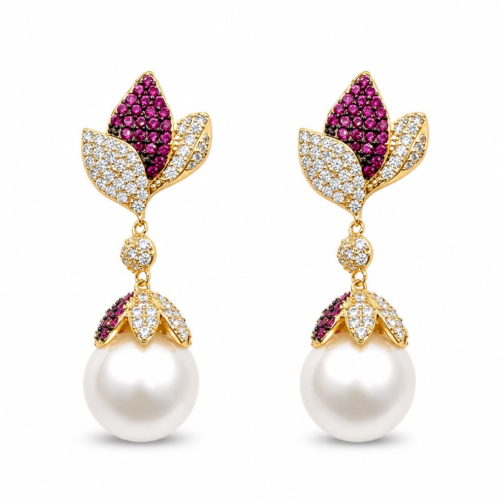 Foglioline fucsia di pavè con perla