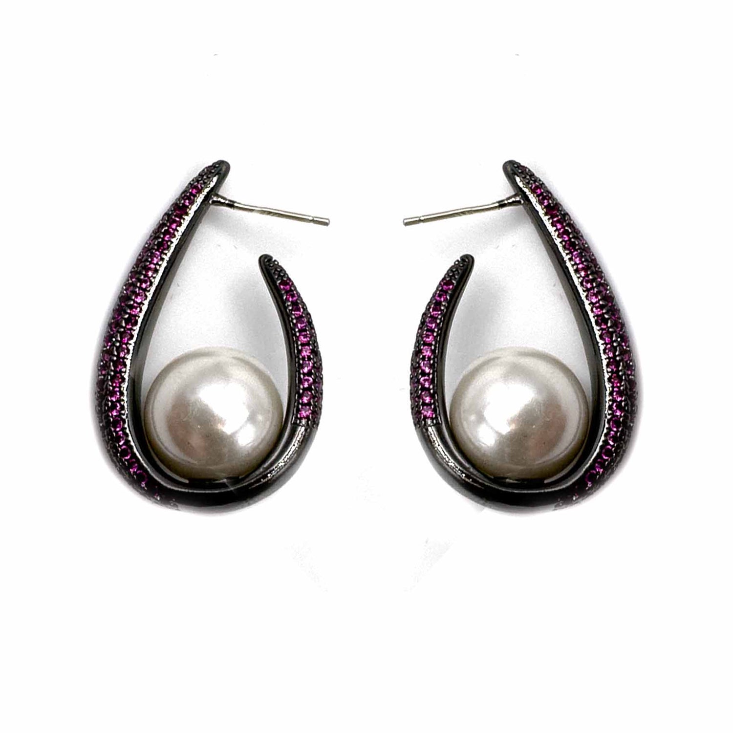 Palestro Milano Orecchini Fucsia Ovali di pavè con perla