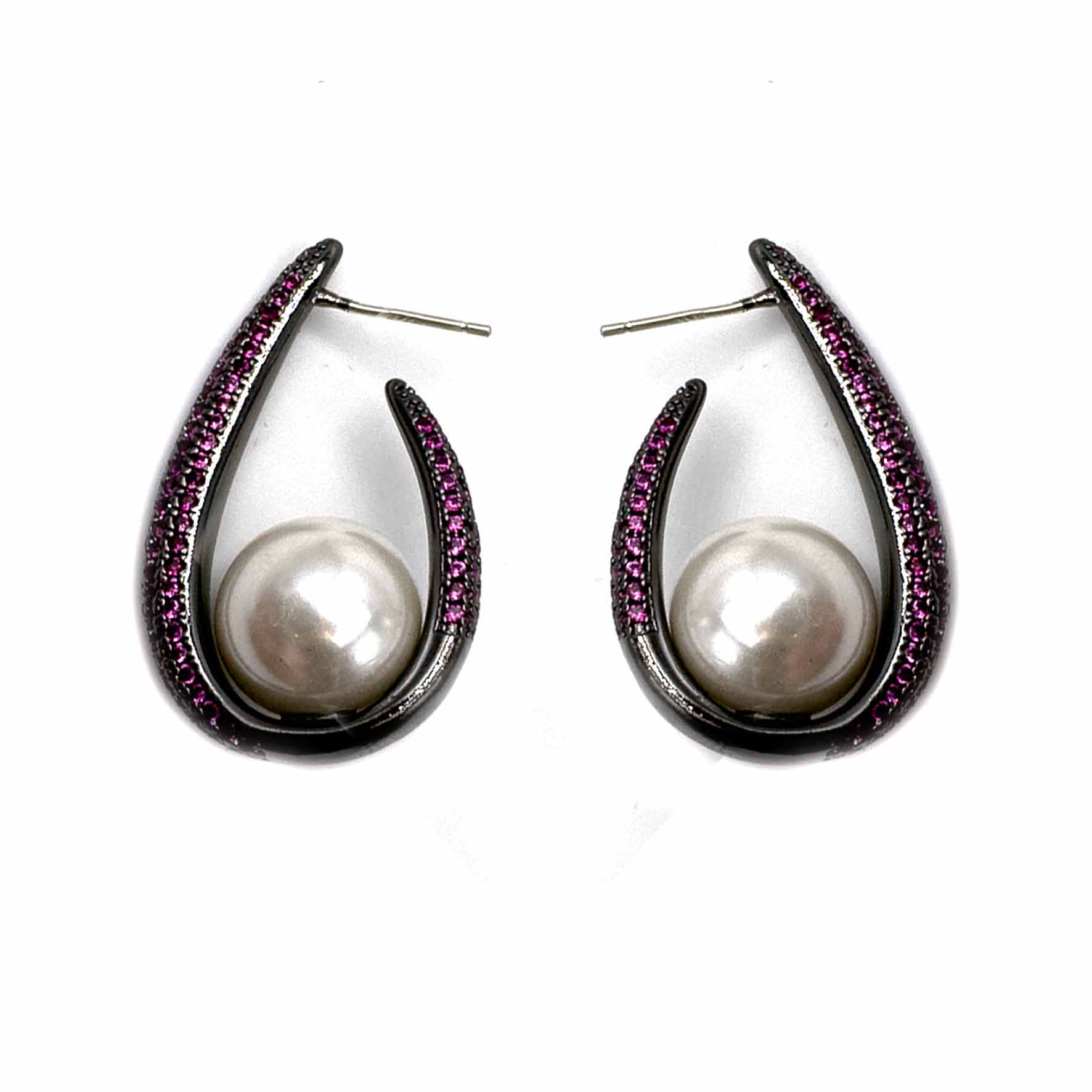 Palestro Milano Orecchini Fucsia Ovali di pavè con perla