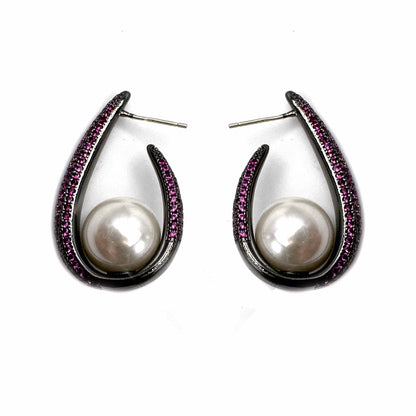 Palestro Milano Orecchini Fucsia Ovali di pavè con perla