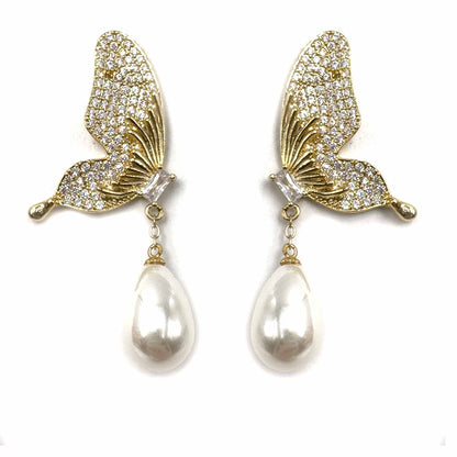 Palestro Milano Orecchini Gold Farfalle di pavè con perla a goccia