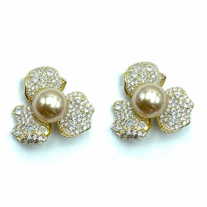 Palestro Milano Orecchini Gold perla champagne Fiorellini con perla big