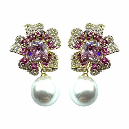 Palestro Milano Orecchini Gold - Pink Fiore pistillo di pavè con perla