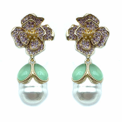 Palestro Milano Orecchini Lillac e verdeacqua Peonia di pavè con perla pendente