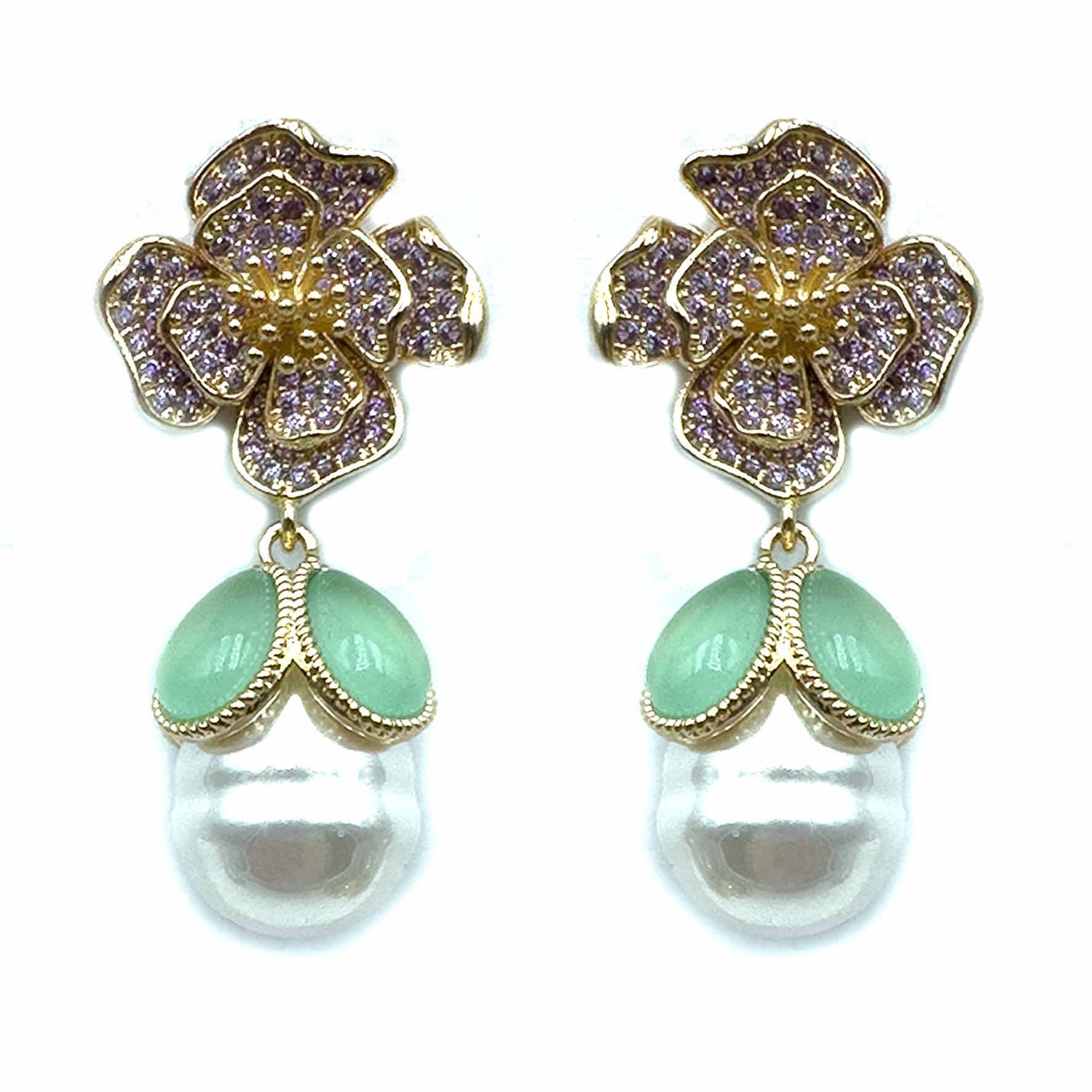 Palestro Milano Orecchini Lillac e verdeacqua Peonia di pavè con perla pendente