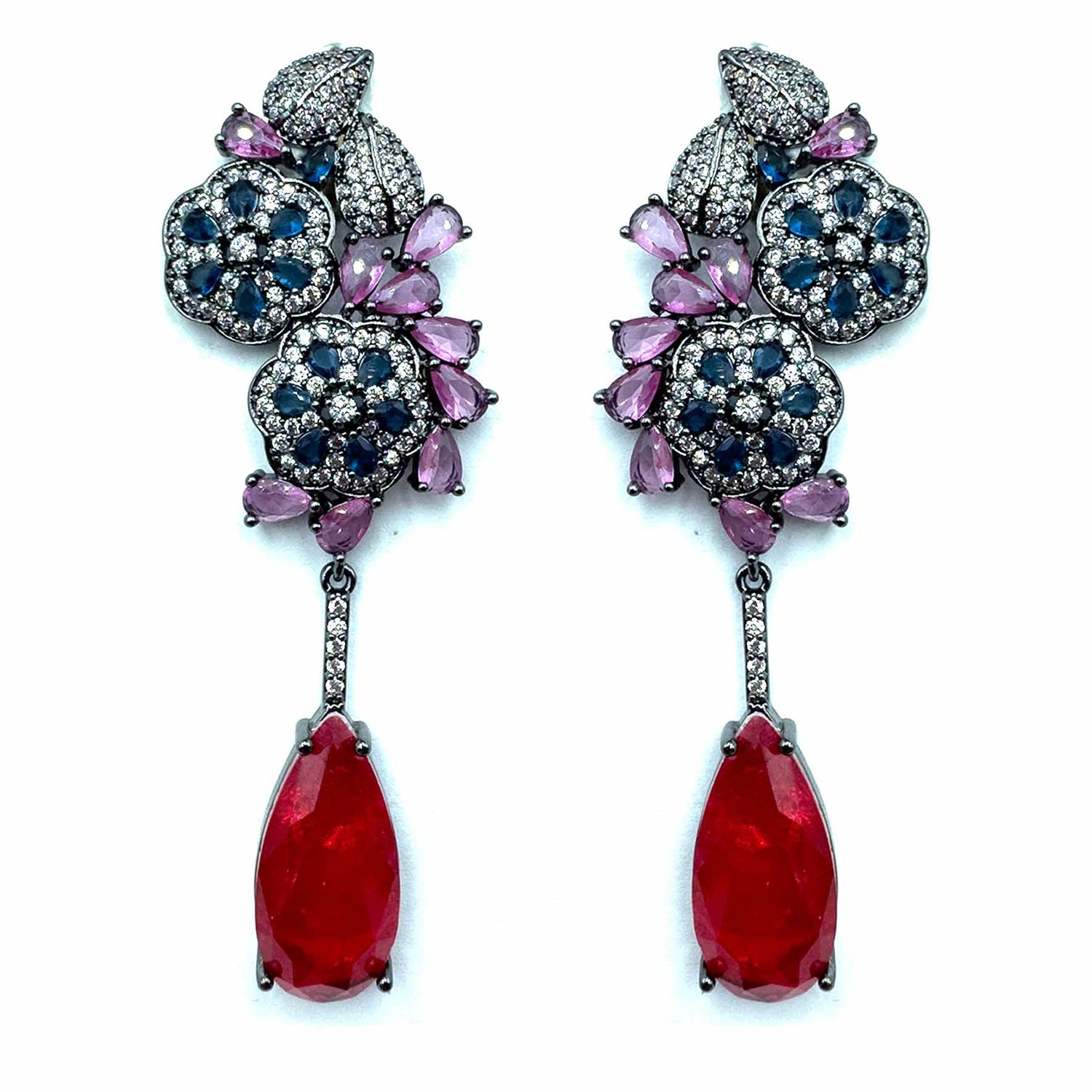 Palestro Milano Orecchini Multi goccia rossa Fiori e foglioline di pavè con goccia